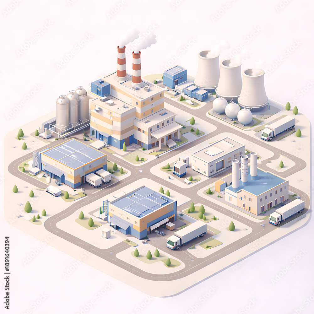 Obraz premium Isometric Industrial Power Plant Complex Illustration, Energy Factory Infrastructure Design 