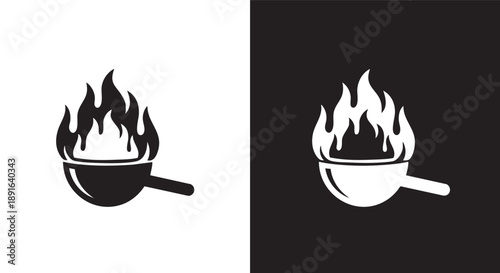 Two contrasting icons depicting a frying pan engulfed in flames, symbolizing intense heat, cooking, or a burning situation, presented in black and white.