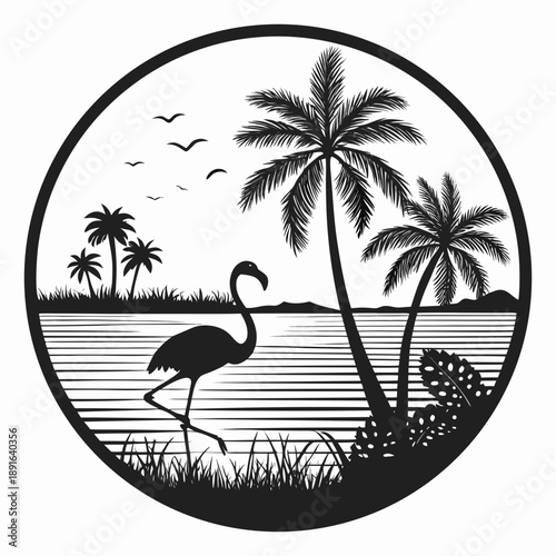 A tropical island with palm trees on a sunny beach by the ocean at sunset, showing a peaceful summer paradise