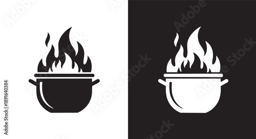 Stylized black and white icons of a cooking pot with flames, representing intense heat or cooking.