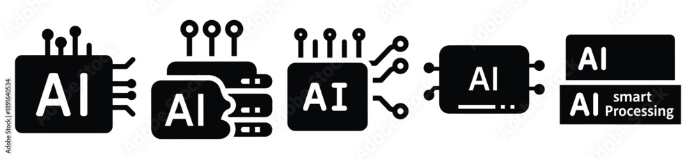 Obraz premium Stylized icon set of a ai smart processing on white background. Machine learning silhouette Icons in solid and silhouette versions.