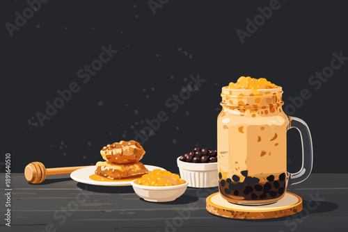 Creamy milk tea with golden boba pearls and sweet honey served on a dark professional background.