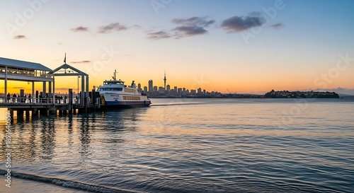 Ferry Boat Docked at Sunset Pier.