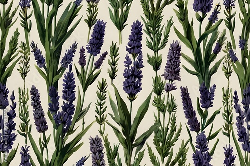 Botanical hand drawn lavender print seamless pattern old vintage calligraphy style green pattern on white background, sketch natural plant style Generative Ai