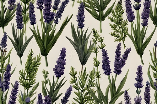Botanical hand drawn lavender print seamless pattern old vintage calligraphy style green pattern on white background, sketch natural plant style Generative Ai