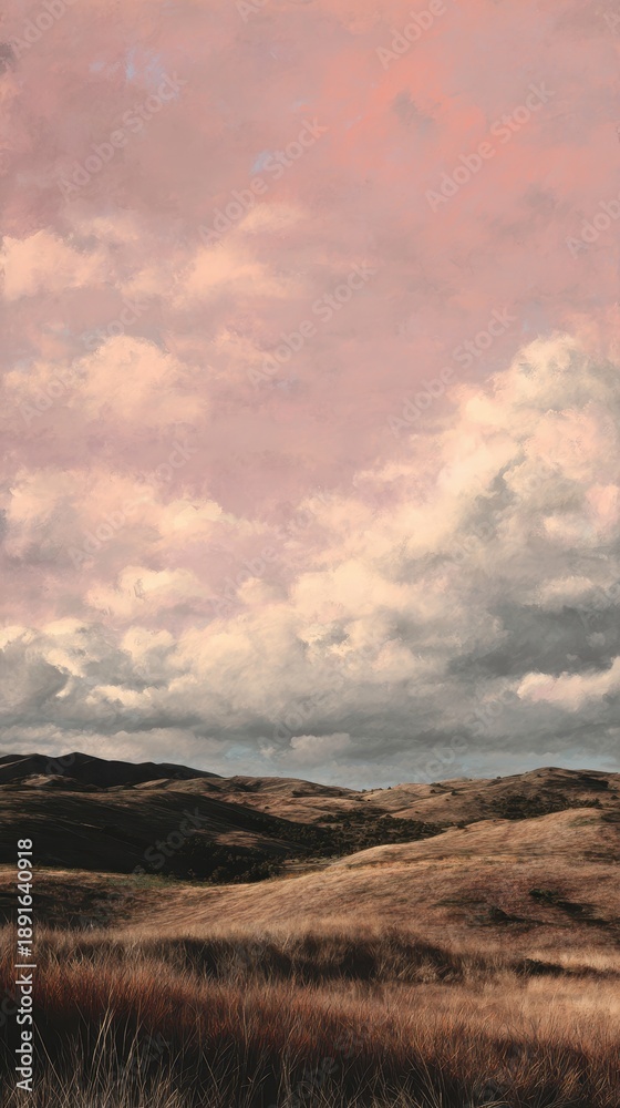 Fototapeta premium Vibrant photo of Impressionist landscape painting of rolling hills under a soft pink sunset sky