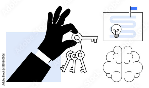 Success concept. Success portrayed through keys, a roadmap with an idea symbol, and a brain for creativity. Success for business planning, innovation, decision-making, leadership, strategy