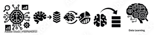 Stylized icon set of a  data learning system on white background. Machine learning silhouette Icons in solid and silhouette versions.
