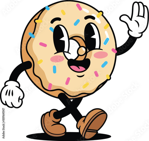 Vector  illustration of Vintage retro rubber hose style cartoon donut character with sprinkles walking and waving isolated on transparent background