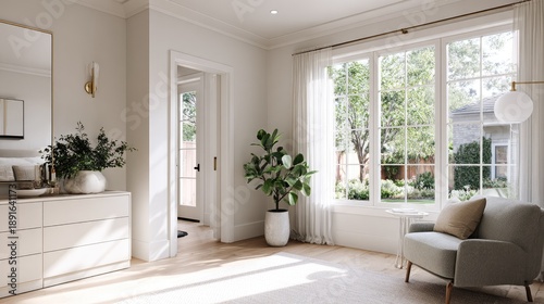 Bright airy interior with large window featuring natural daylight and modern design