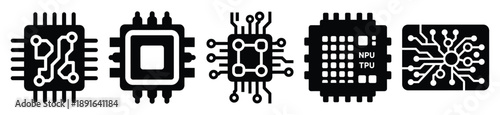 Stylized icon set of a  deep learning processor on white background. Machine learning silhouette Icons in solid and silhouette versions.