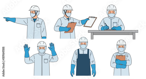 Team of industrial workers in safety gear demonstrating collaboration and inspection procedures in construction and manufacturing environments