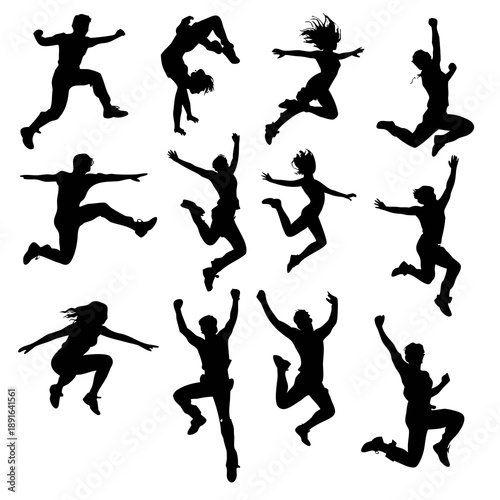 Set of energetic jumping people silhouettes in varied poses, black vector figures isolated on white background. Freedom, celebration, success, dance, fitness and active lifestyle concept.