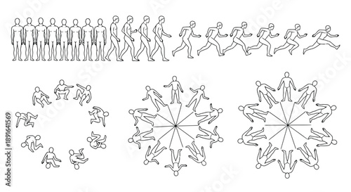 Collection of diverse black silhouette figures demonstrating movement, exercise, and daily activities in multiple action poses