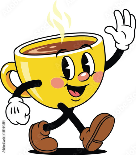 Vector  illustration of Vintage retro rubber hose style steaming cartoon coffee cup character waving and walking isolated on transparent background
