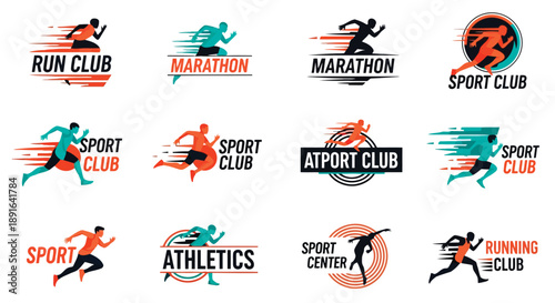 Set of colorful vector icons illustrating running, marathon, athletics, and sport club themes with dynamic athlete figures in action poses