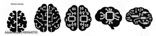 Stylized icon set of a  machine learning digital on white background. Machine learning silhouette Icons in solid and silhouette versions.