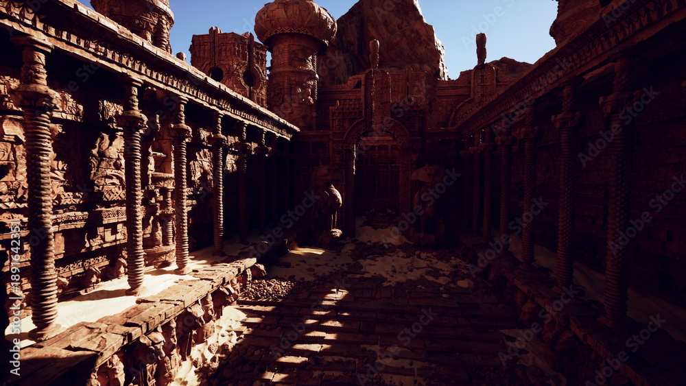 Naklejka premium Sunlight casts shadows over weathered stone columns in an ancient ruin. Intricate carvings hint at stories lost to time. The atmosphere is still, invoking wonder and curiosity about the past.