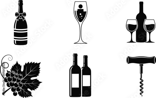 Set of six black-and-white wine icons featuring bottles, glasses, grapes, and corkscrew for wine culture, celebration, and vector illustration themes.