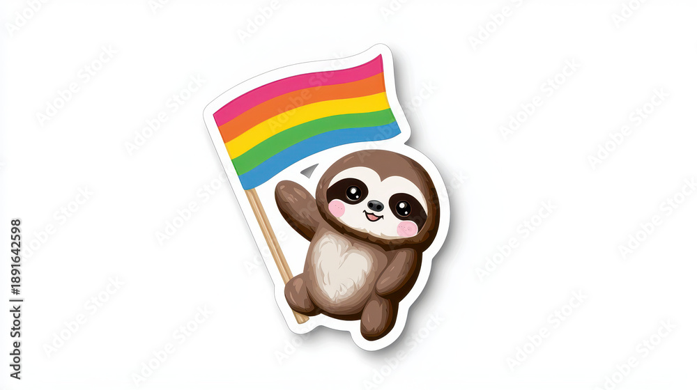 Fototapeta premium Cute sloth holding rainbow flag, symbolizing pride and joy. This adorable character brings cheerful vibe to any design