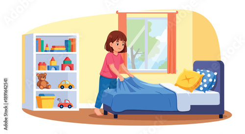 Independent little girl making her bed in a bright bedroom, modern flat vector showing good habits, responsibility, and positive daily routine at home
