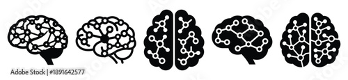 Stylized icon set of a  neural artificial intelligence on white background. Machine learning silhouette Icons in solid and silhouette versions.
