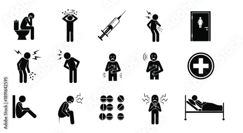 Collection of vector icons illustrating human health issues, medical symptoms, and healthcare activities in black and white design