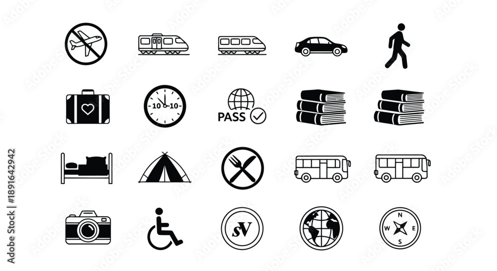 Obraz premium Set of minimalist travel and lifestyle icons featuring transportation modes, time, education, and accessibility symbols