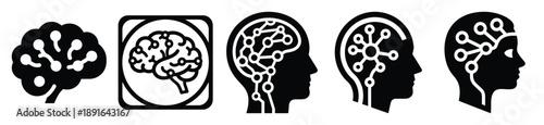 Stylized icon set of a  neural intelligent system on white background. Machine learning silhouette Icons in solid and silhouette versions.