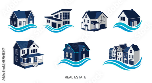 Collection of modern and traditional 3D house illustrations with dynamic water wave effects in blue and white tones for real estate concepts