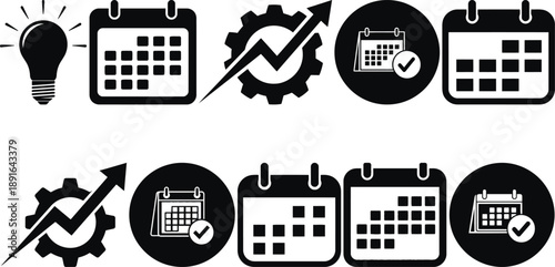Business productivity icons set with clock calendar gear lightbulb and checkmarks flat design vector illustration
