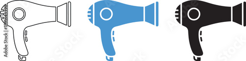 Set of Hair Dryer Icons in Black White and Blue Colors