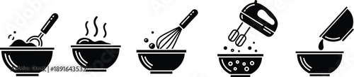 Set of five black-and-white icons showing stages of food mixing and heating for recipe illustration, cooking process, and vector design themes.