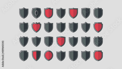 A grid displays numerous shield icons alternating between dark grey and vibrant red with a few shields featuring heart shapes high quality professional detailed modern elegant