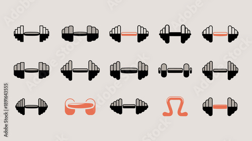 A minimalist illustration displays a repeating pattern of dumbbells and weightlifting equipment accented with a coral colored headphone icon high quality professional detailed modern elegant stylish