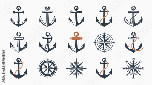 A collection of nautical icons is displayed showcasing various anchor designs alongside compass roses and maritime symbols high quality professional detailed modern elegant stylish clean crisp
