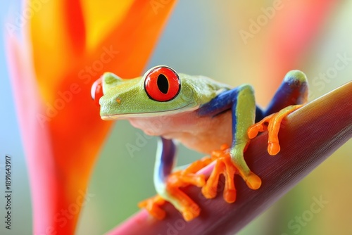 Vibrant Red-Eyed Tree Frog Perched on a Tropical Plant Awaiting Dawn