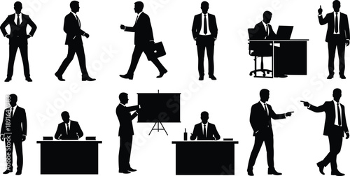 Black silhouettes of businessmen in various poses and actions businessmen, silhouettes, black, white background, suits, ties, office, workplace, standing, sitting, walking, pointing, presenting, worki