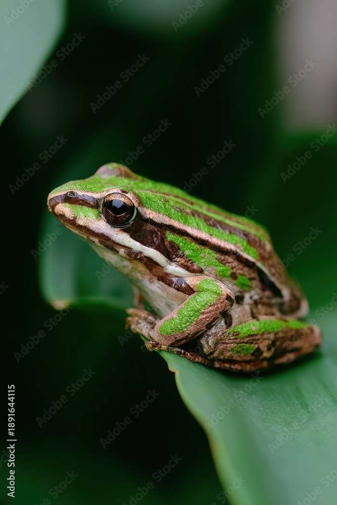 Fototapeta premium Vibrant Green Frog Perched Gracefully on a Lush Leafy Perch