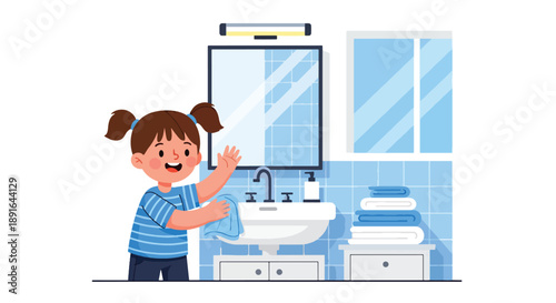Independent little girl cleaning bathroom sink and mirror, modern flat vector showing good habits, hygiene awareness, and daily responsibility