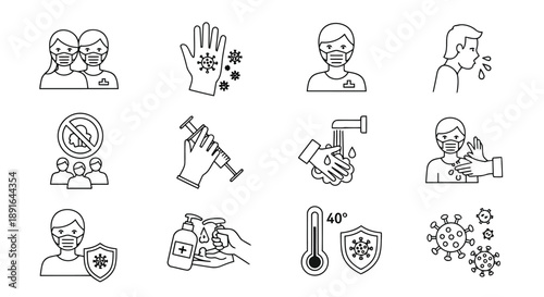 Vector illustrations of health safety practices including masks handwashing sanitizer vaccines and avoiding contact during illness