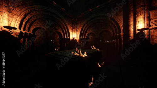Fényképezés Damp shadows fill a vast stone chamber where flickering candles illuminate the ancient architecture
