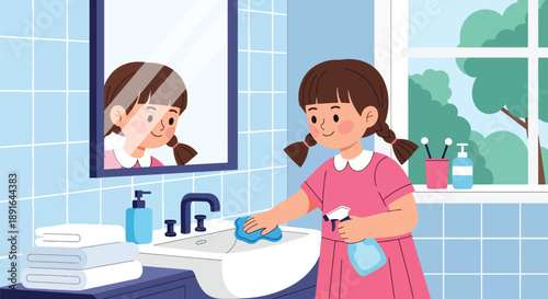 Independent little girl cleaning bathroom sink and mirror, modern flat vector showing good habits, hygiene awareness, and daily responsibility