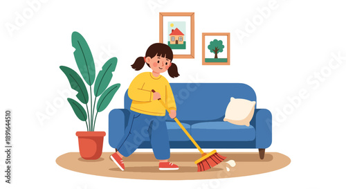 Independent little girl sweeping the living room floor, modern flat vector illustrating good habits and caring for a clean home environment