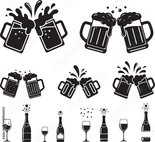 Set cheers beer mugs in cartoon style with splash, representing celebration and toast concept.eps