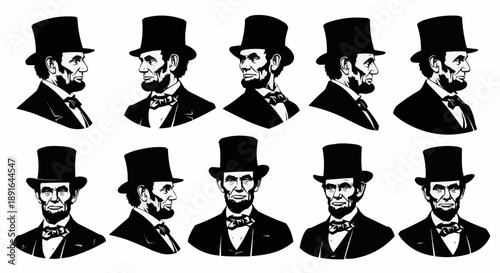 Multiple abraham lincoln faces in various expressions and angles in black and white