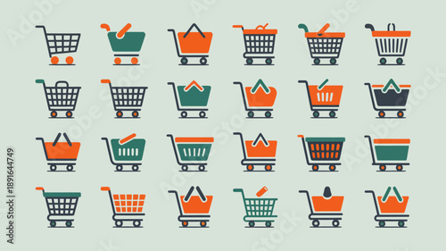 A collection of colorful shopping cart icons are arranged in a grid pattern against a light gray background displaying various styles high quality professional detailed modern