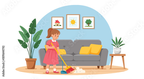Independent little girl sweeping the living room floor, modern flat vector illustrating good habits and caring for a clean home environment