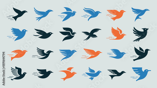 A collection of stylized bird silhouettes in varying shades of blue and orange depicted in flight with motion lines high quality professional detailed modern elegant stylish