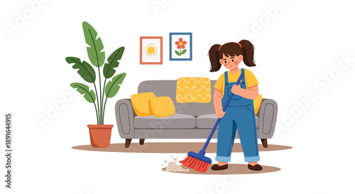 Independent little girl sweeping the living room floor, modern flat vector illustrating good habits and caring for a clean home environment